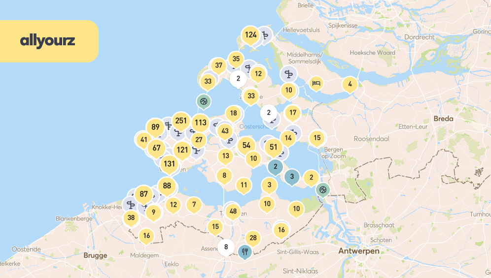 Dit is de kaart van allyourz.nl een zoek en boekplatform waarop je alle leuke dingen in Zeeland kunt zoeken en boeken. Op deze kaart van Zeeland zie je aangegeven met druppels waar er dingen te bekijken en te boeken zijn.